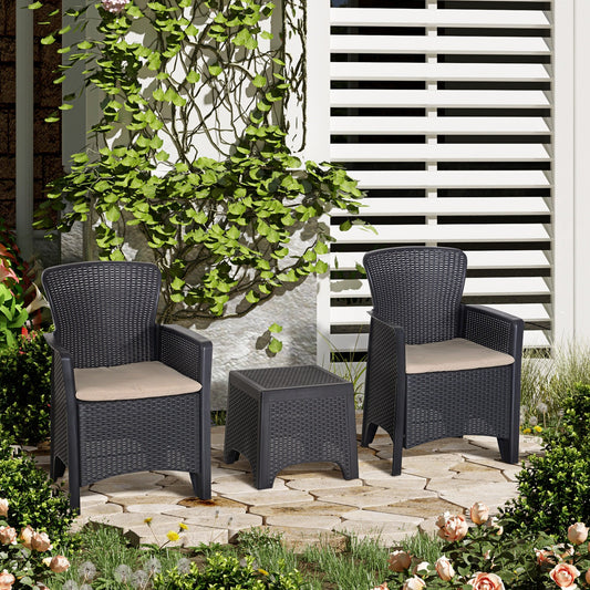 Garden Outdoor 3 Pcs Rattan Furniture Set 2 Arm Chair W/ Cushion 1 Coffee Table