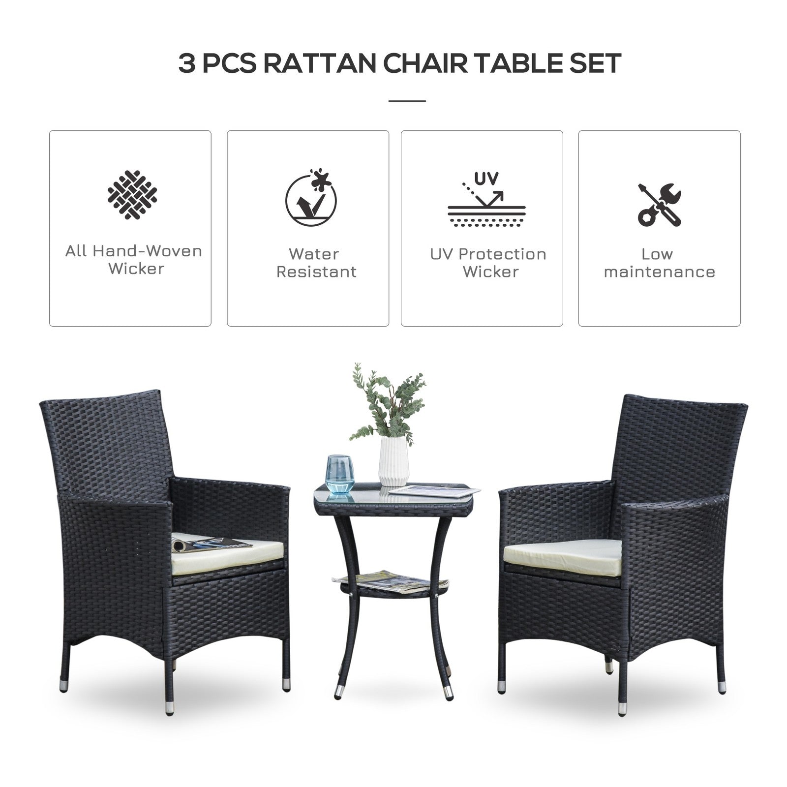 Outsunny Rattan Bistro Set Garden Chair Table Patio Outdoor, Black