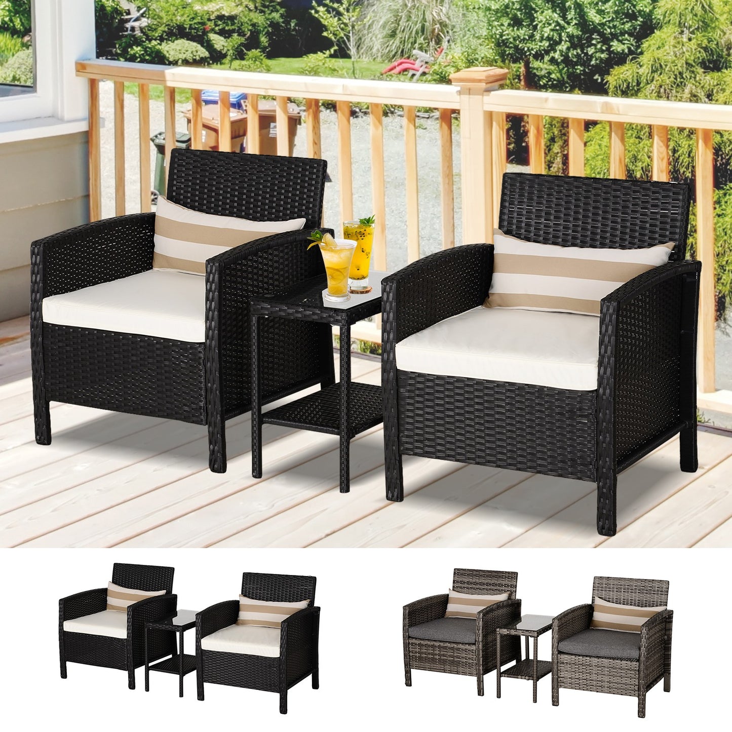 3 Pcs Rattan Outdoor Patio Set 2 Cushioned Single Sofa Coffee Table Conservatory
