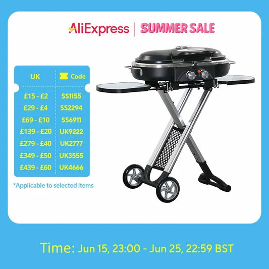 Foldable 2 Burner Gas BBQ Grill Trolley W/ Side Shelves Storage Pocket