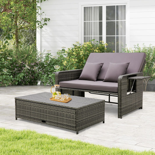 Patio Rattan Daybed Set with Multipurpose Ottoman and Retractable Side Tray