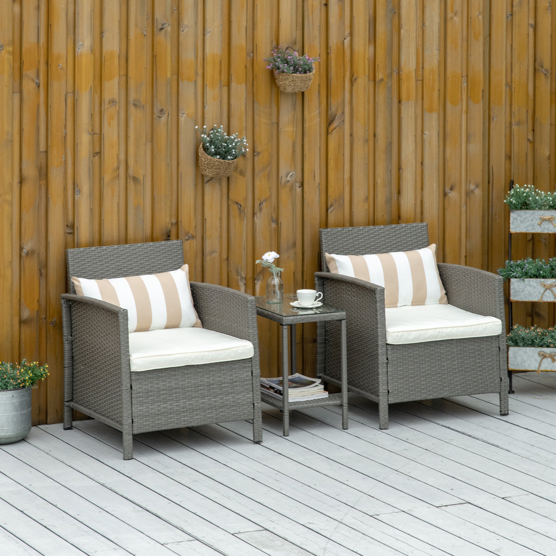 3 Pcs Rattan Outdoor Patio Set 2 Cushioned Single Sofa Coffee Table Conservatory