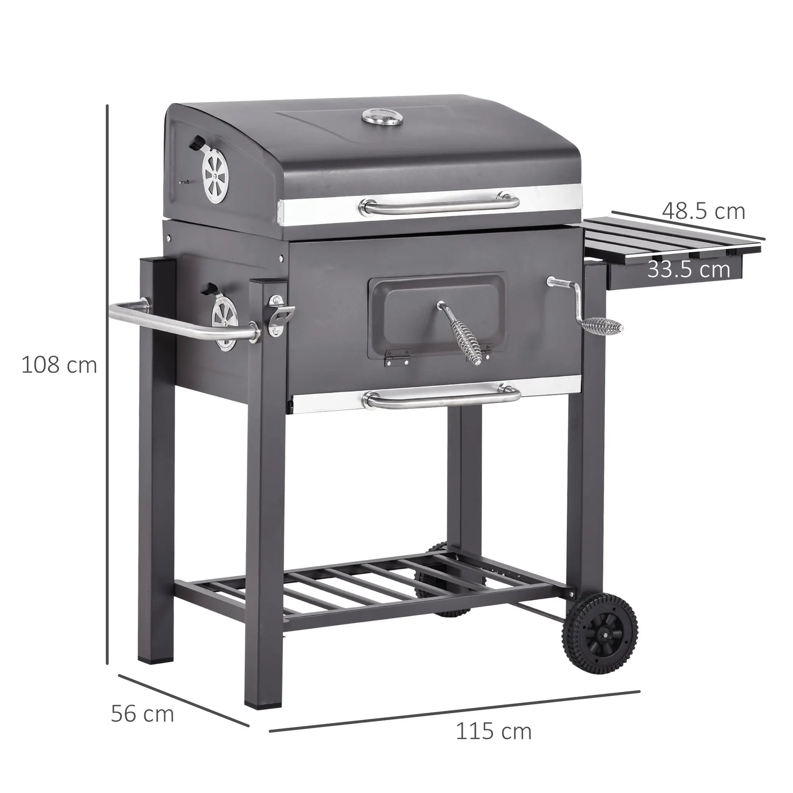 Charcoal Grill BBQ Trolley with Adjustable Charcoal Grate, Garden Metal