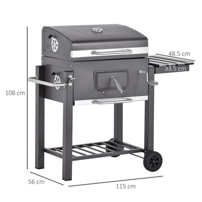 Charcoal Grill BBQ Trolley with Adjustable Charcoal Grate, Garden Metal