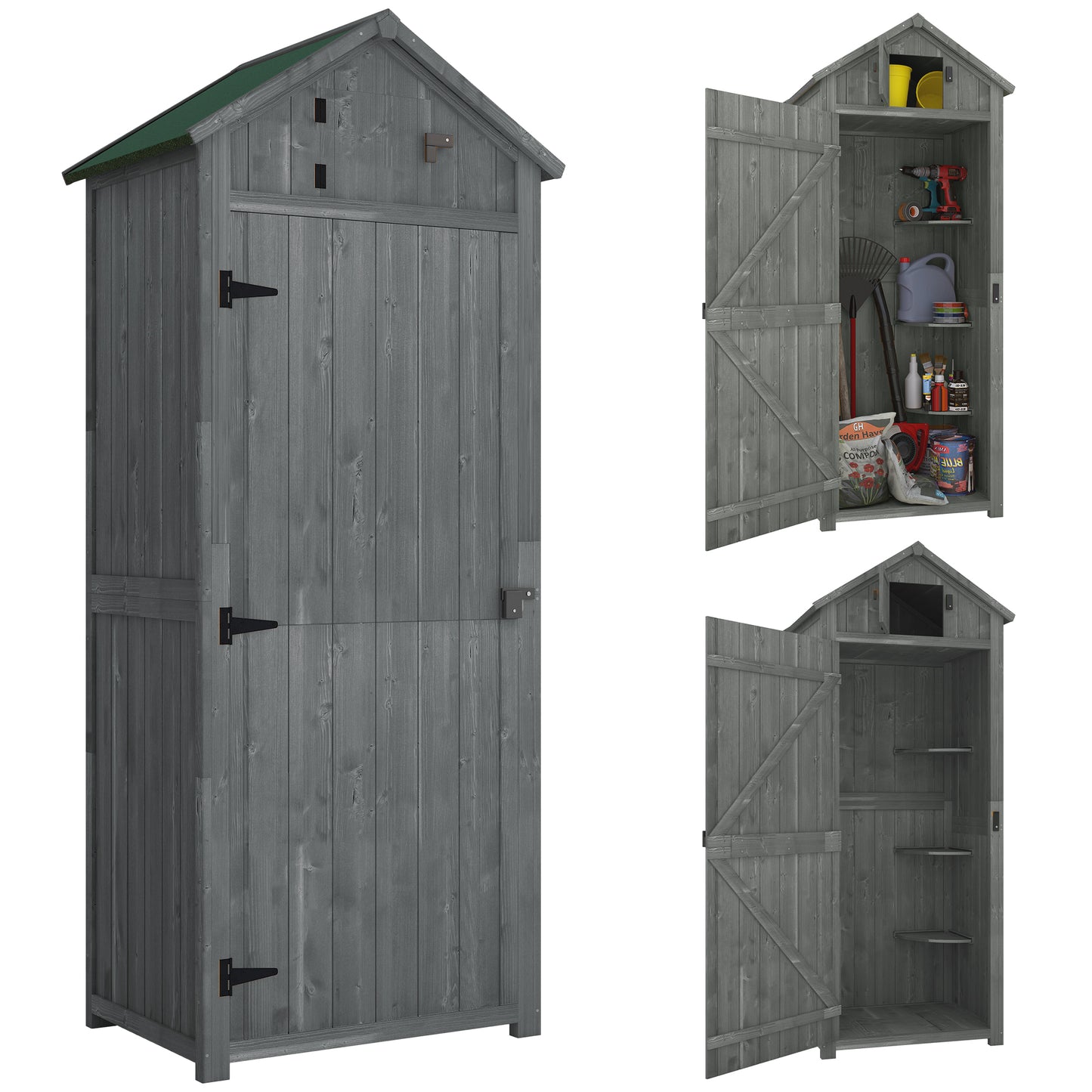 Garden Storage Shed 3 Shelves Tool House W/ Asphalt Roof 77 X 54 X 179 Cm