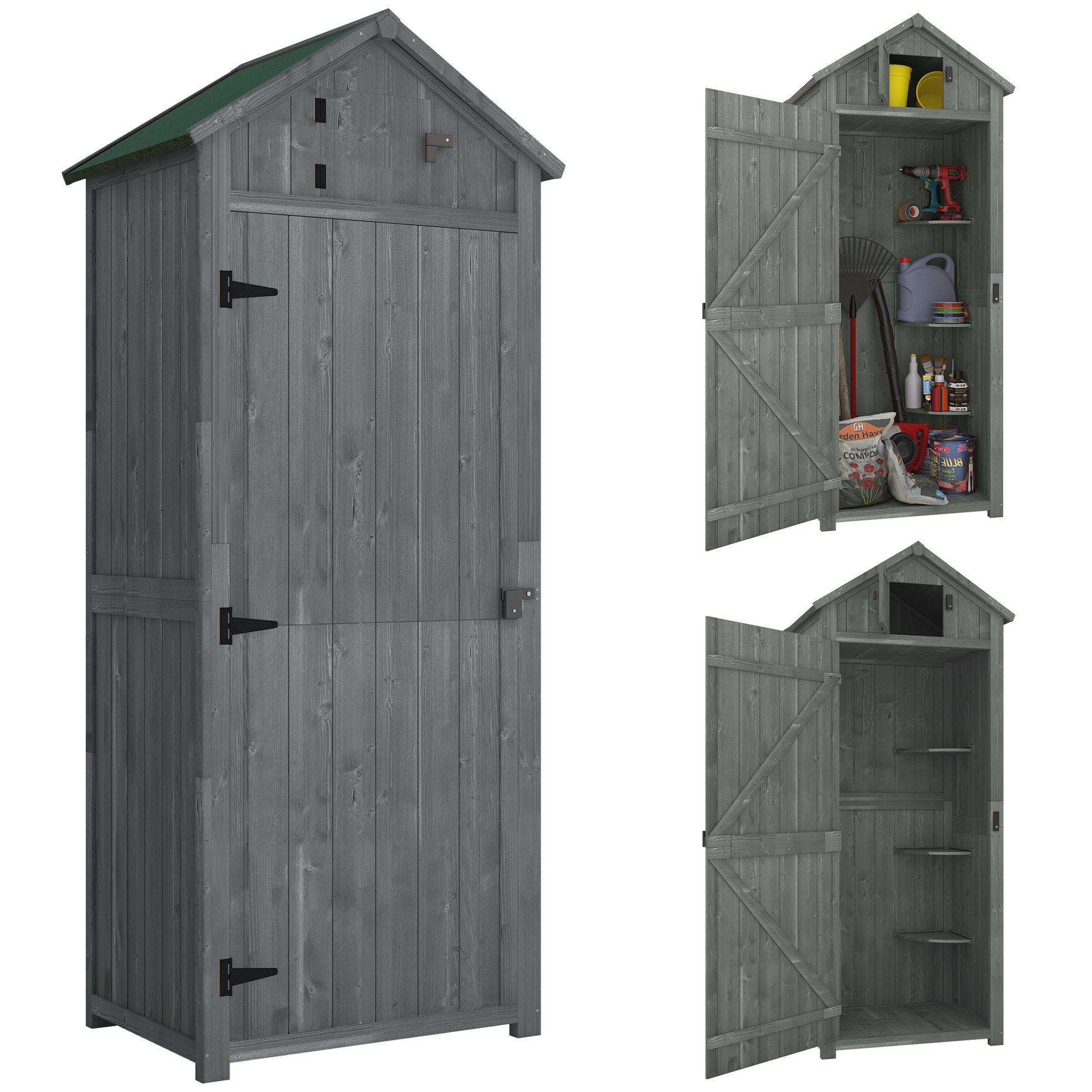 Garden Storage Shed 3 Shelves Tool House W/ Asphalt Roof 77 X 54 X 179 Cm