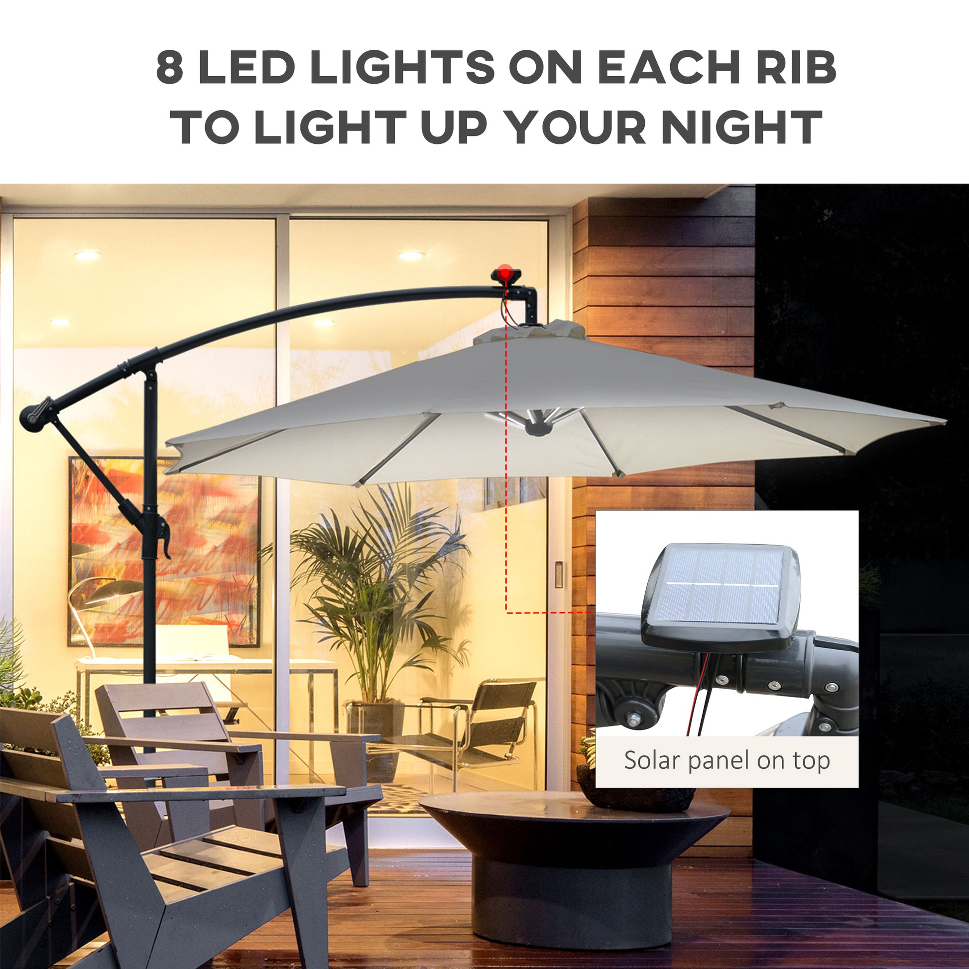3(M) LED Patio Banana Umbrella Cantilever Parasol W/ Solar Lights Crank Handle