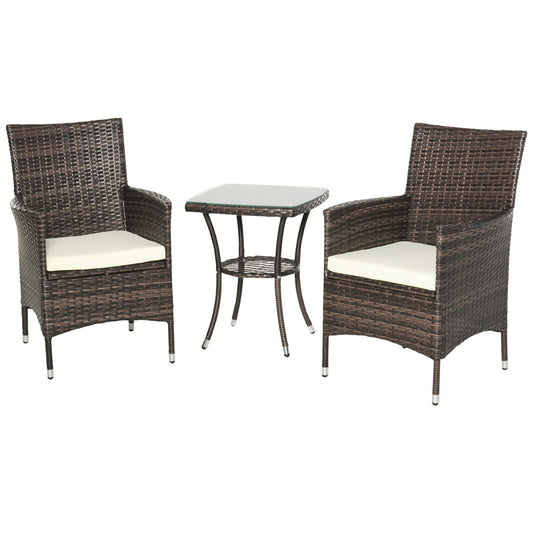 Outsunny Rattan Bistro Set Cushion Patio Garden Chair Table Brown UV Resistant