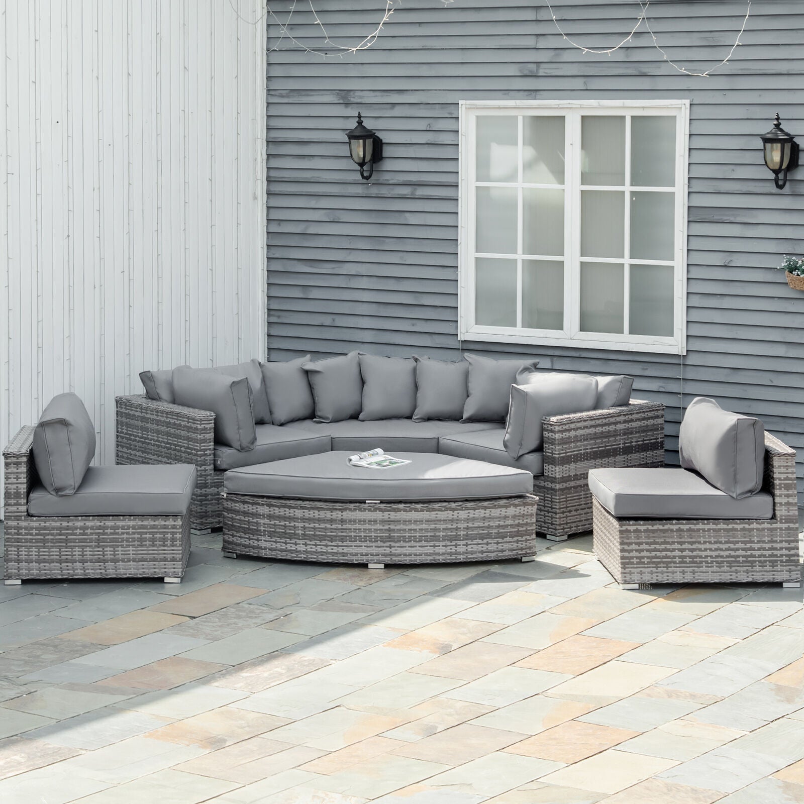 6 Pcs Outdoor Rattan Sofa Set Half round Conversation Set W/ Cushions Pillows