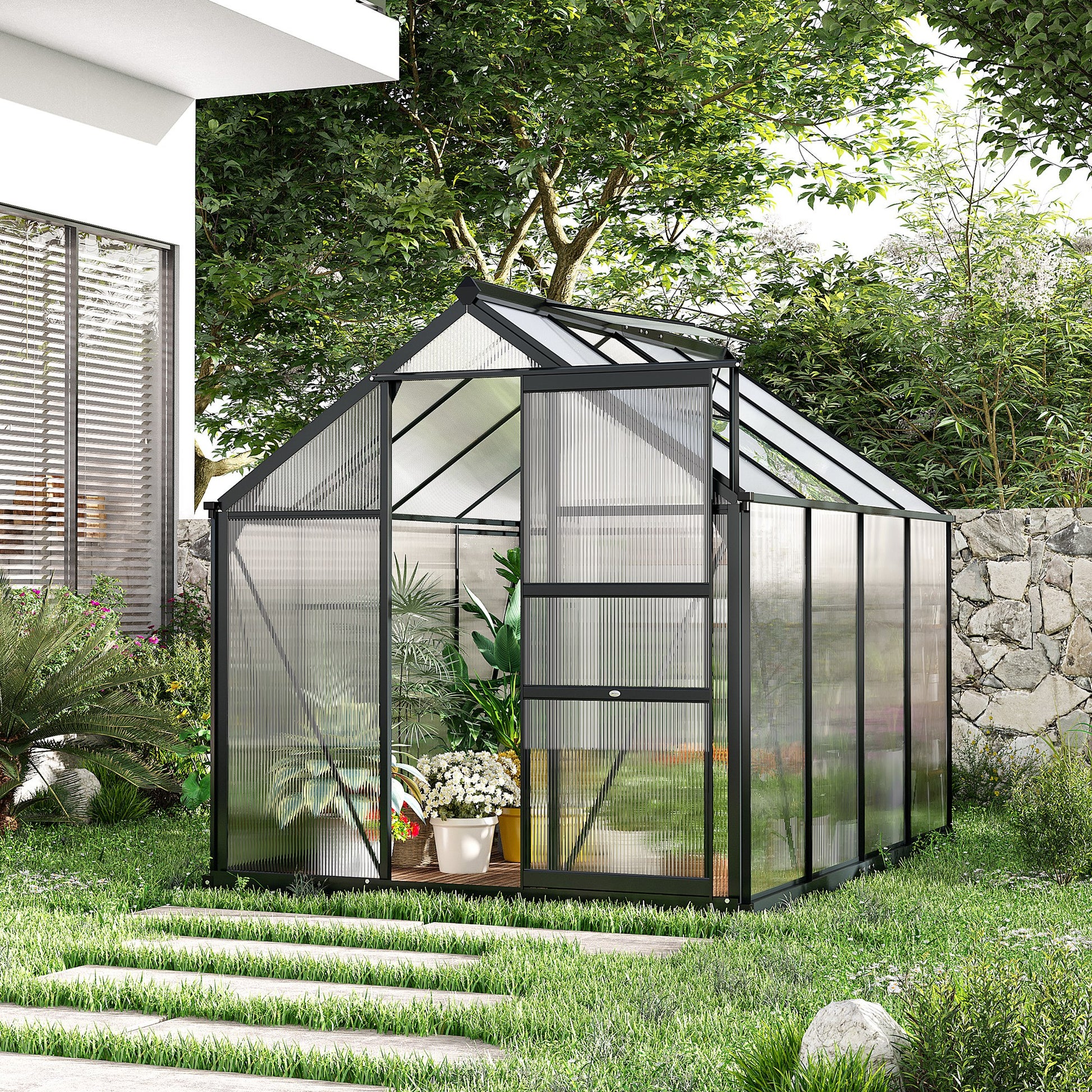 Polycarbonate Walk-In Garden Greenhouse Aluminium Frame Slide Door Window