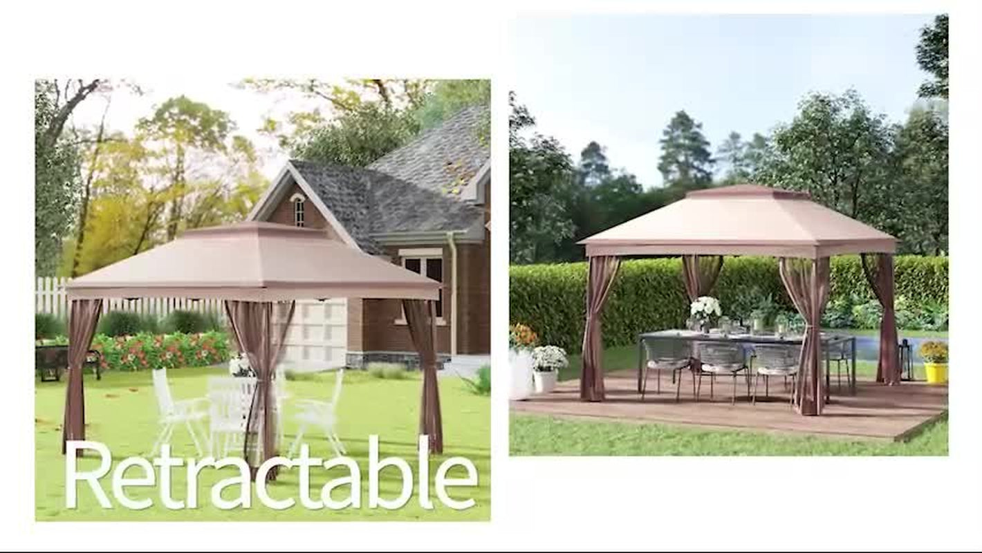 3 X 3(M) Garden Metal Gazebo Party Canopy Tent Sun Shelter W/ Net Curtain Khaki
