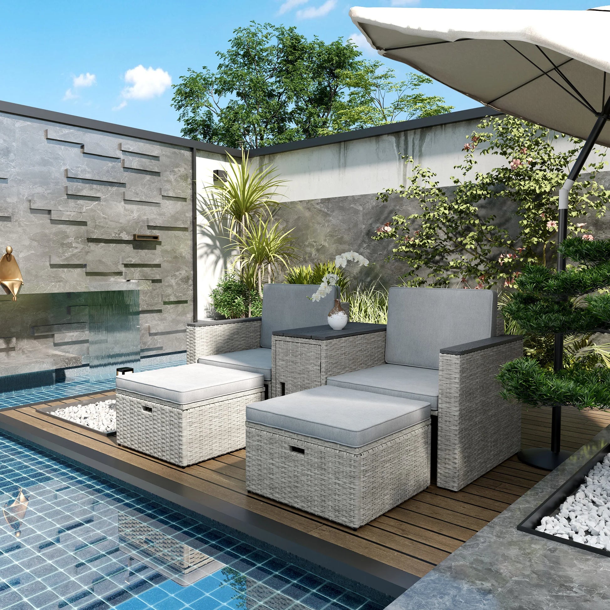 5 Piece Rattan Garden Furniture Set, Nesting Outdoor Furniture Conversation Set with 2 Footstools, WPC Storage Table