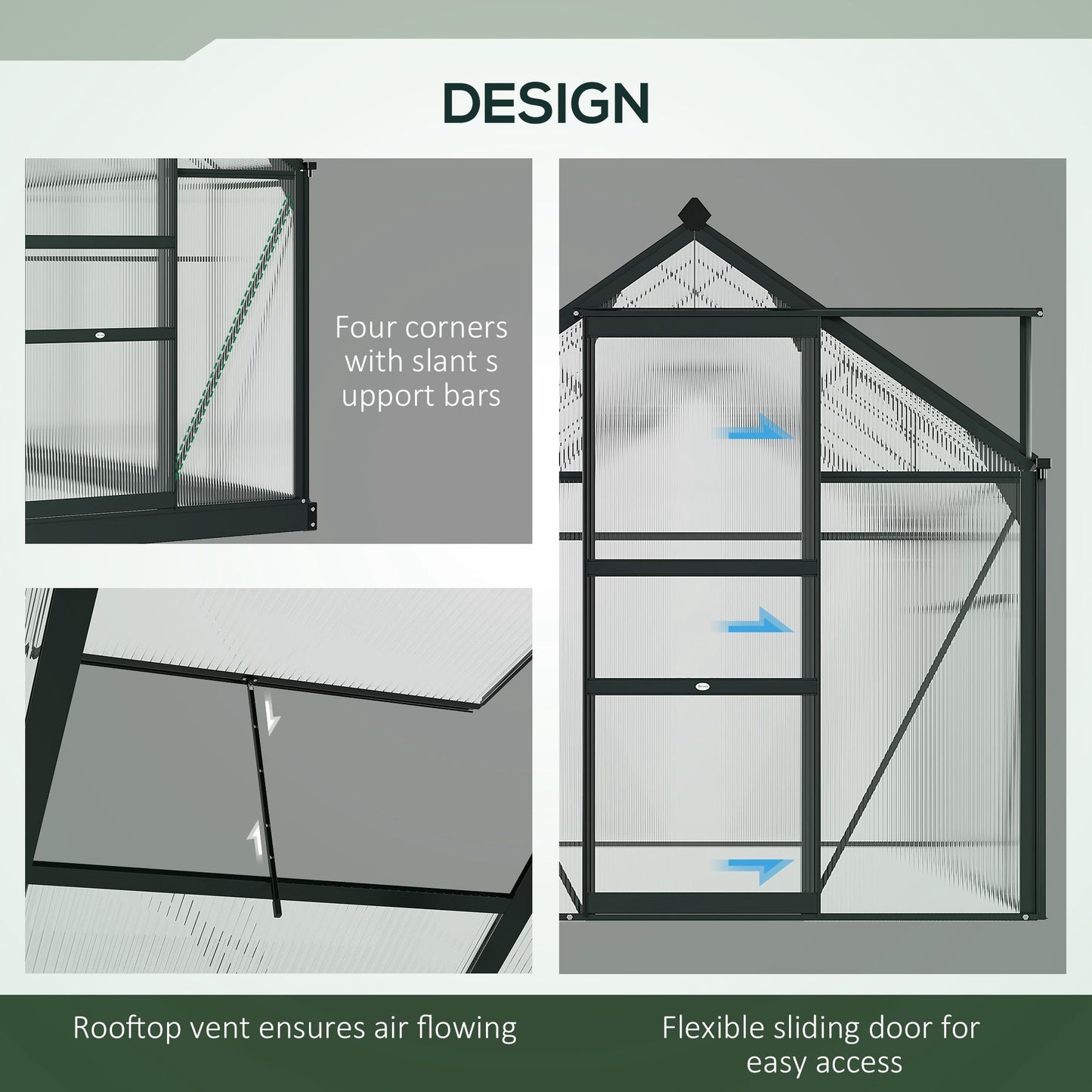 Polycarbonate Walk-In Garden Greenhouse Aluminium Frame Slide Door Window