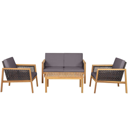 4-Piece Patio Acacia Wood Furniture Set with Removable Cushions