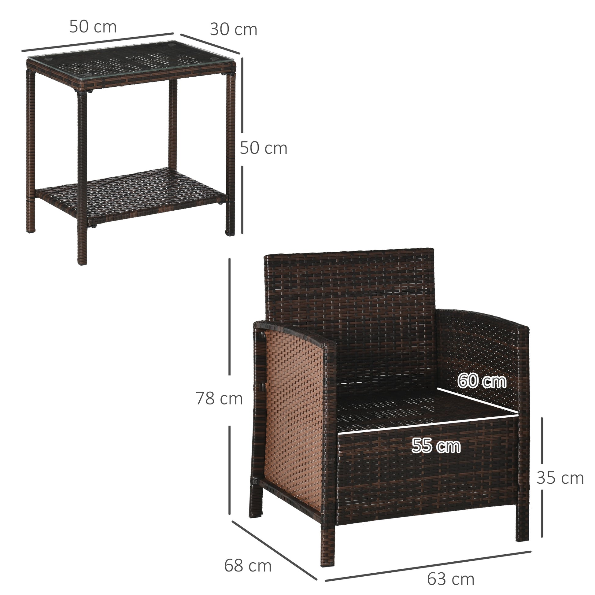 3 Pcs Rattan Outdoor Patio Set 2 Cushioned Single Sofa Coffee Table Conservatory