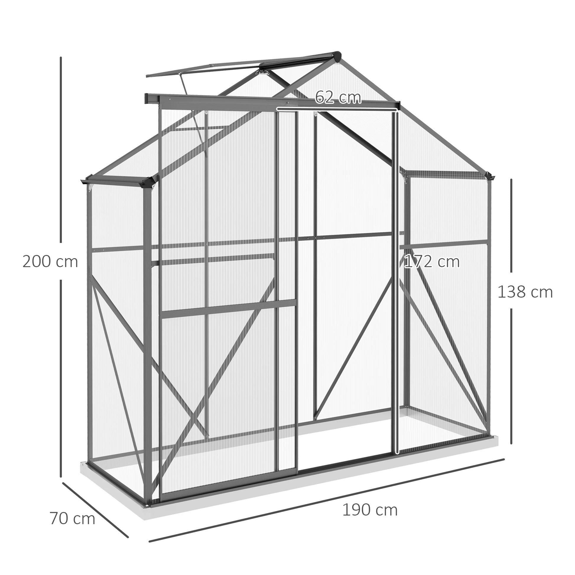 6 X 2.5Ft Aluminium Green House Walk-In Polycarbonate Greenhouse, Dark Grey