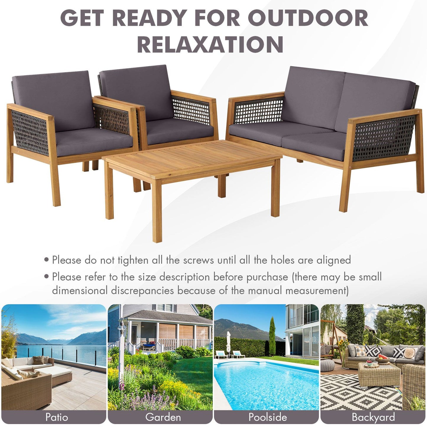 4-Piece Patio Acacia Wood Furniture Set with Removable Cushions