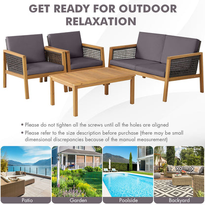 4-Piece Patio Acacia Wood Furniture Set with Removable Cushions
