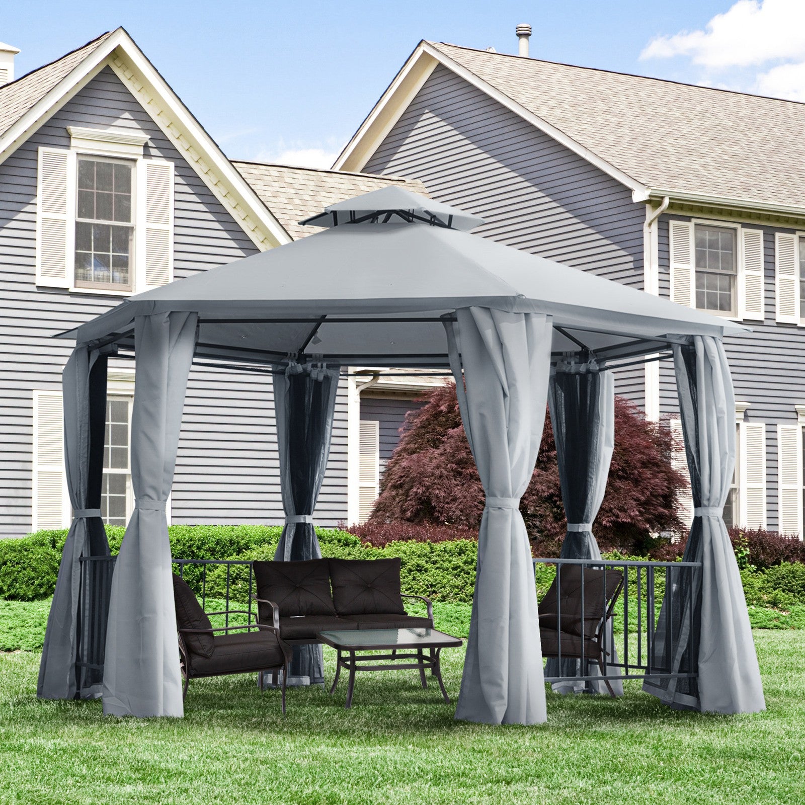 Outsunny 3 X 3(M) Gazebo Canopy 2 Tier Patio Shelter Steel for Garden Grey