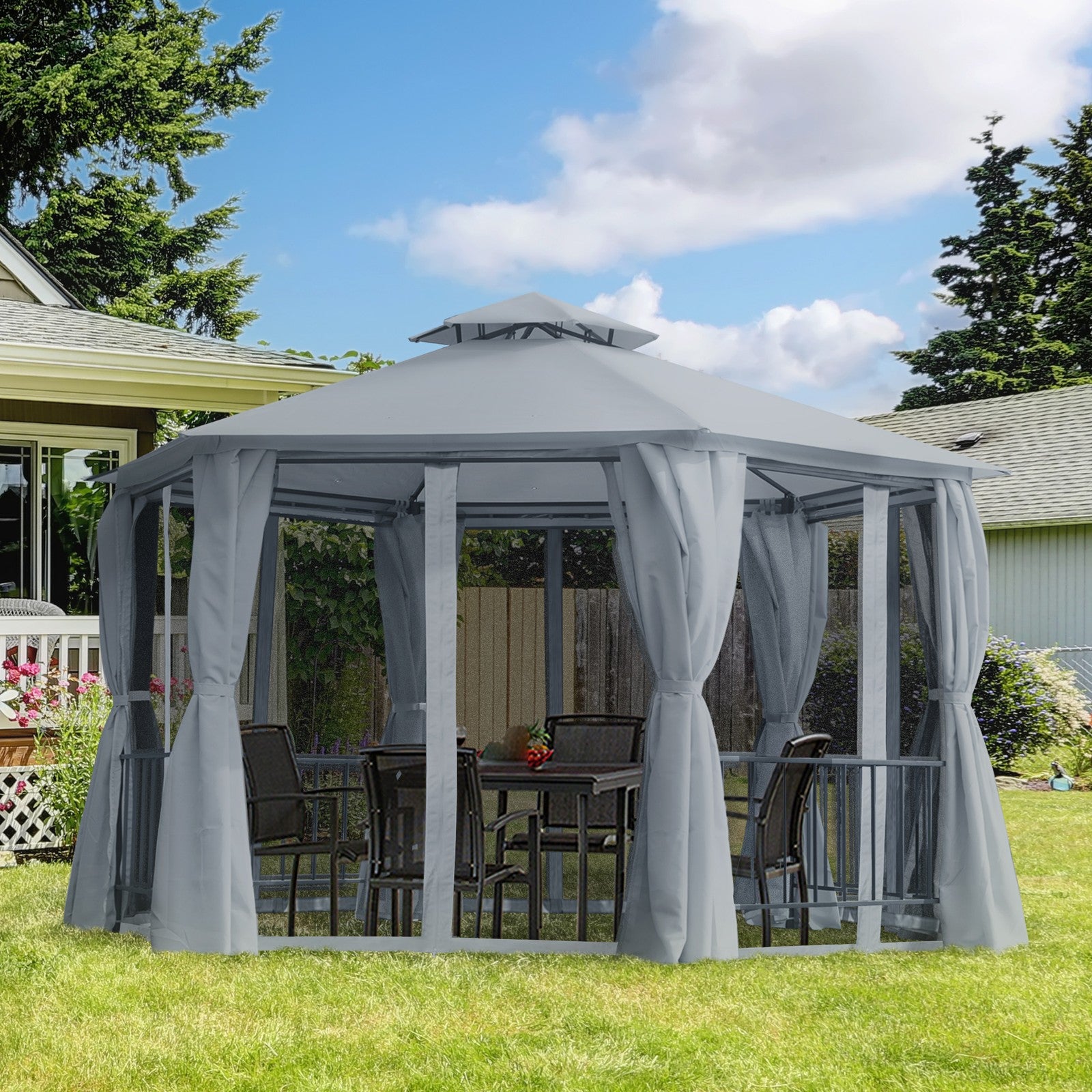 Outsunny 3 X 3(M) Gazebo Canopy 2 Tier Patio Shelter Steel for Garden Grey