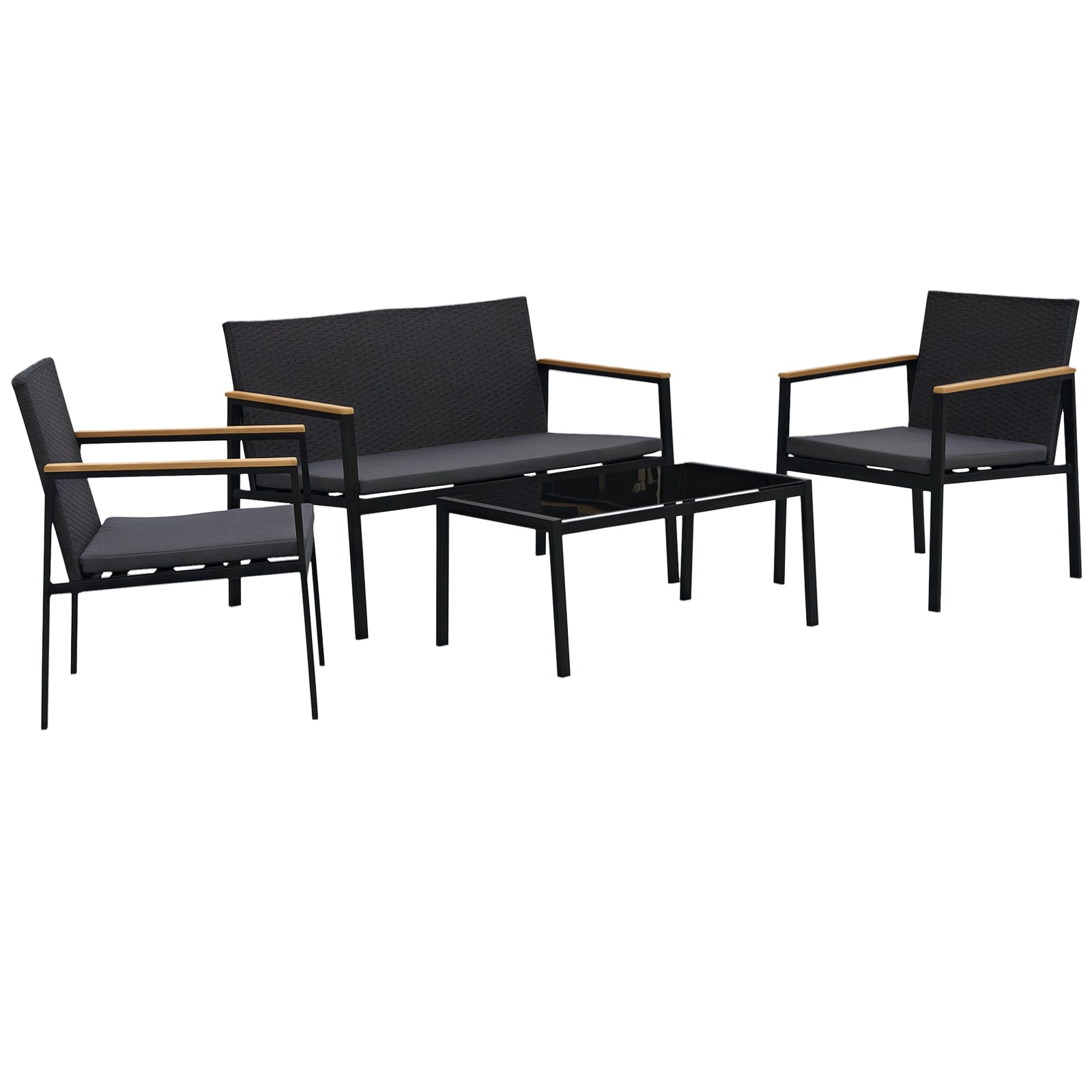 4 Pcs PE Rattan Furniture Set W/ 3 Cushioned Chairs Glass Tabletop Table, Black