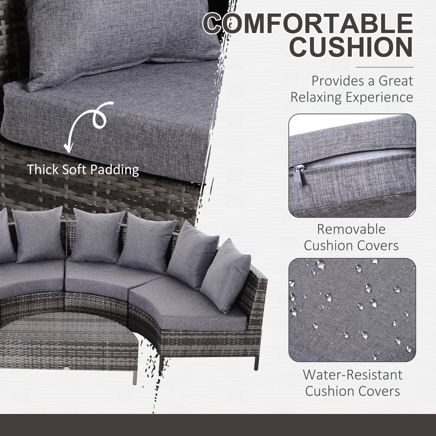 Outsunny 5 Pieces Rattan Garden Furniture Set, 4 Seater Half-Round Garden Sofa Set with Thickened Cushions