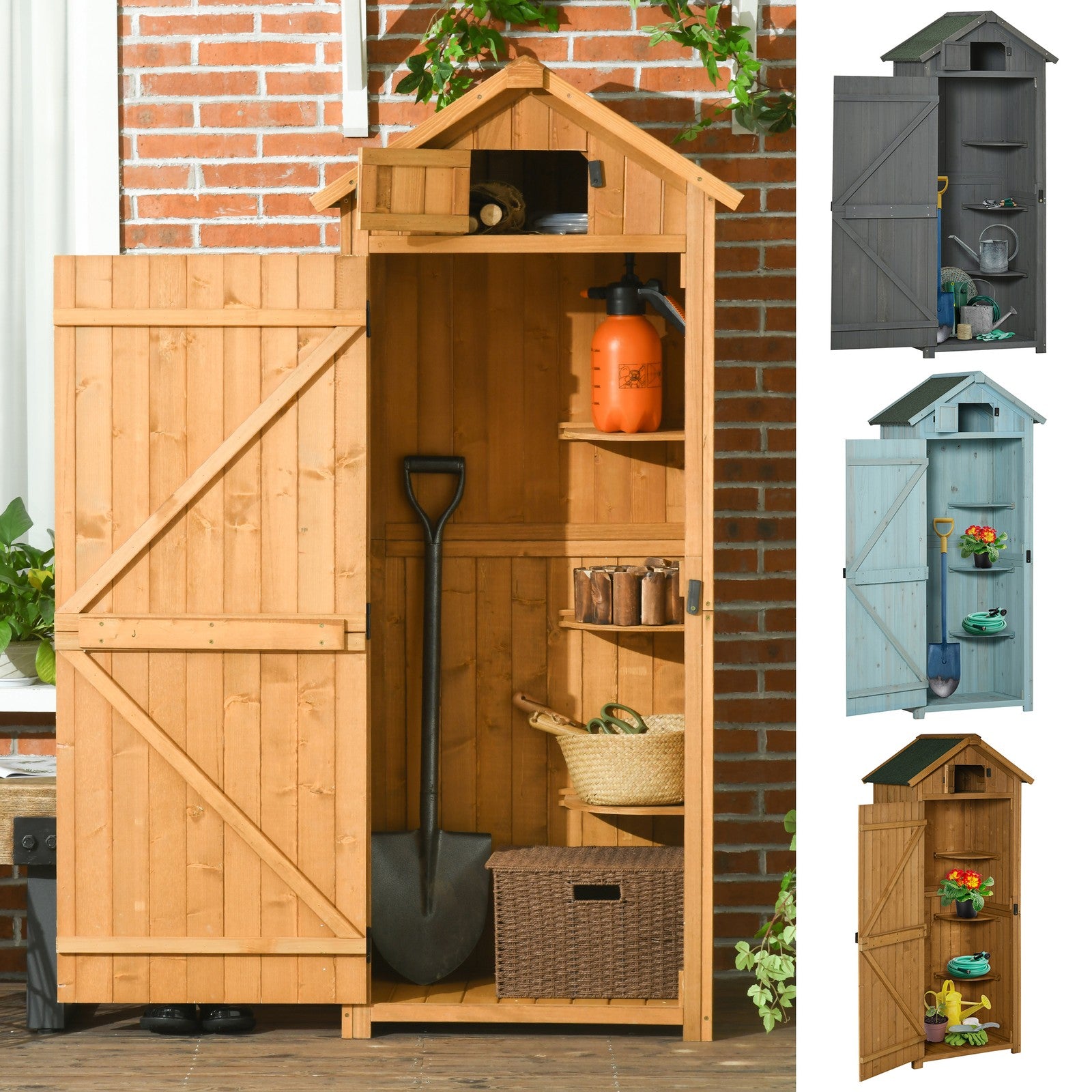 Garden Storage Shed 3 Shelves Tool House W/ Asphalt Roof 77 X 54 X 179 Cm
