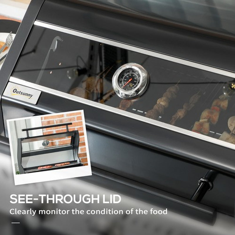 3 Burner Gas BBQ Trolley with See-Through Lid, 9 Kw Propane Gas Barbecue, Black