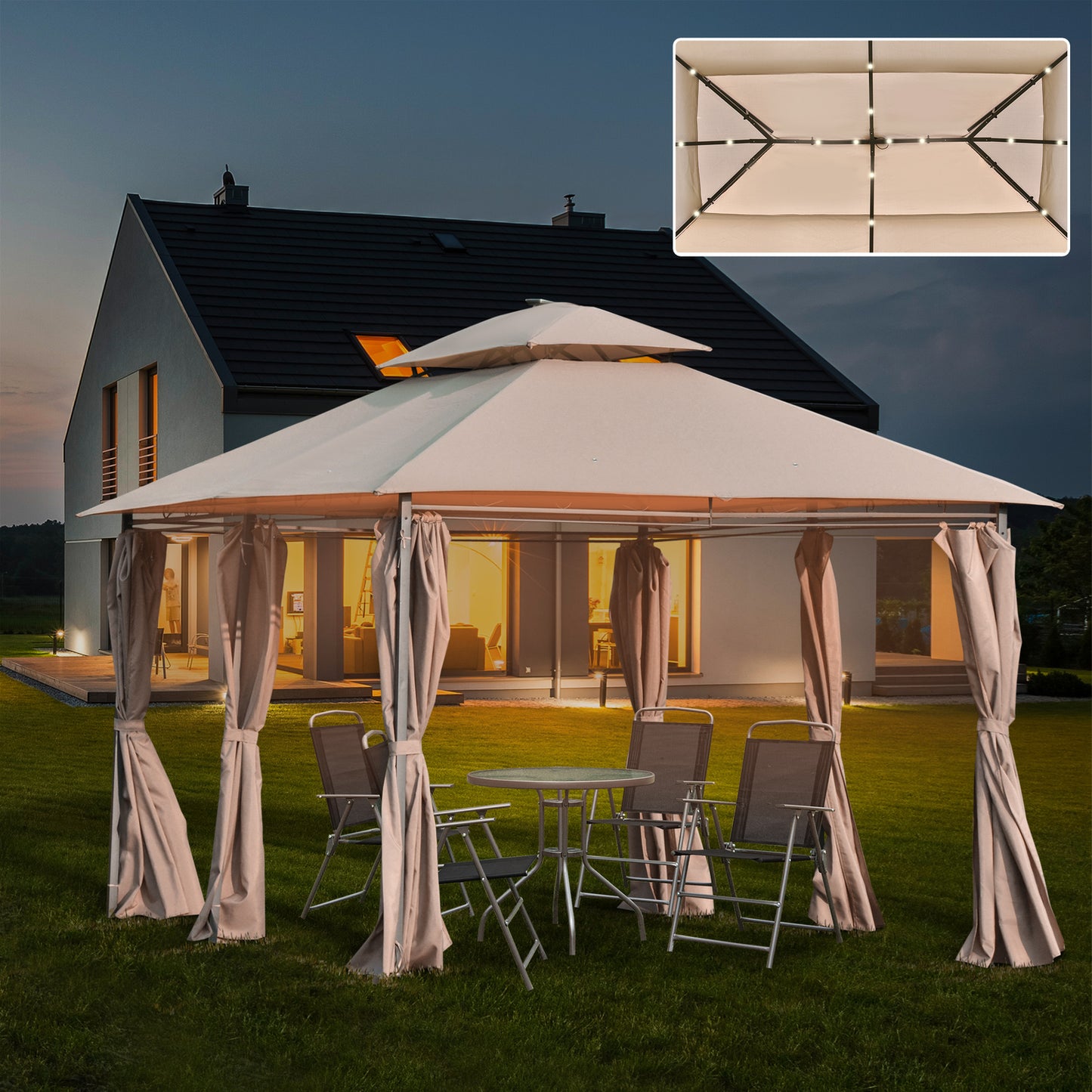 4 X 3(M) Outdoor Gazebo Canopy Garden Pavilion W/ LED Solar Light Double Canopy