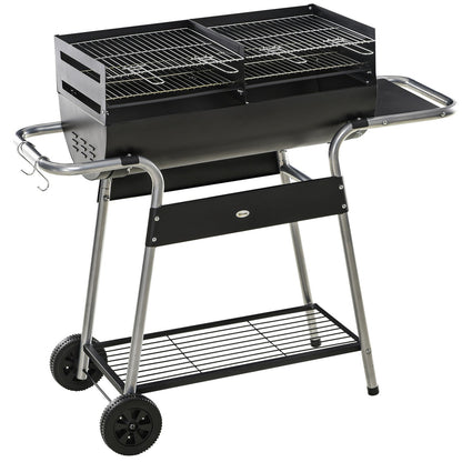 Charcoal Barbecue Grill Trolley with Double Grill, Side Table and Storage Shelf