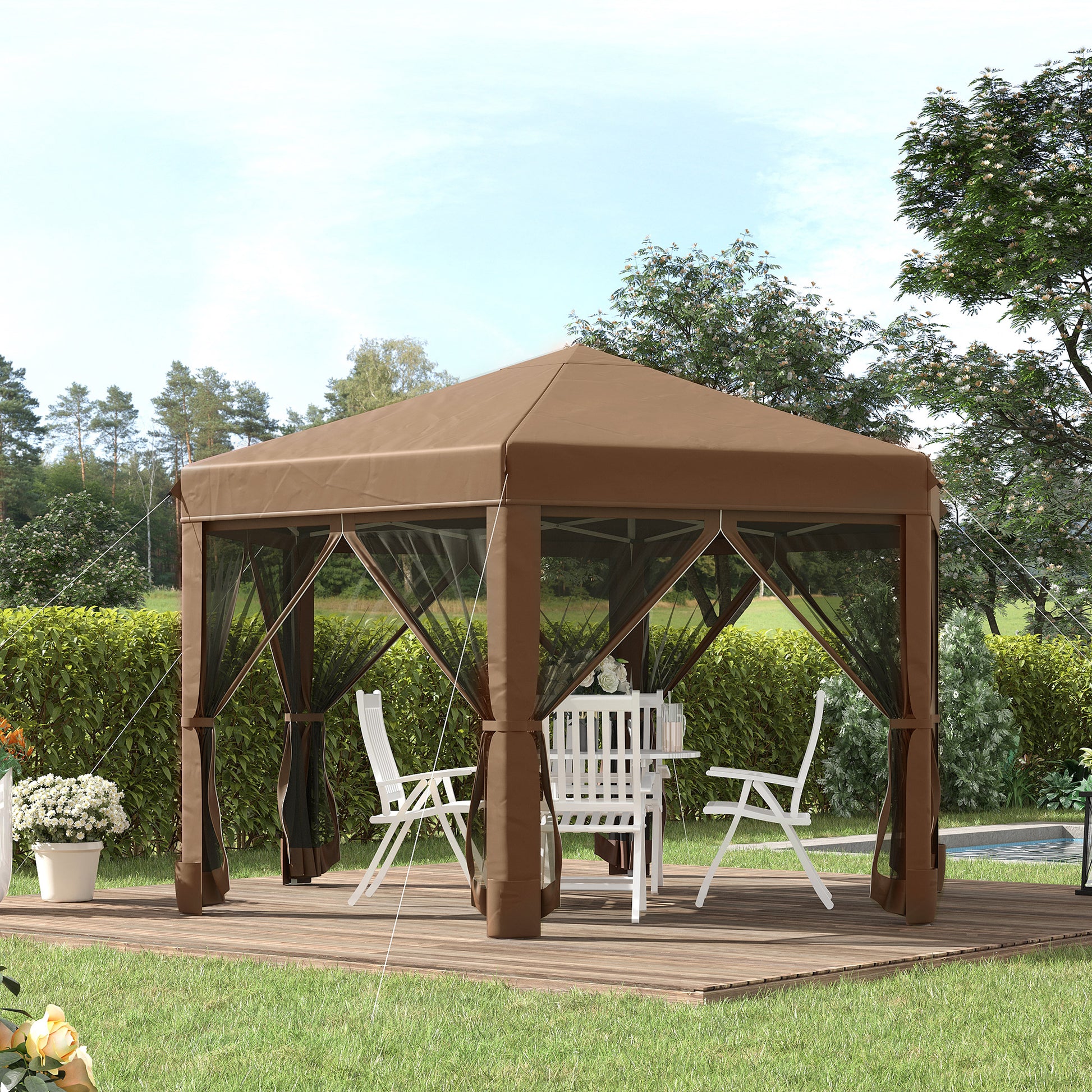 3.2M Outdoor Pop up Gazebo Hexagonal Canopy Tent with Mesh Sidewalls Handy Bag