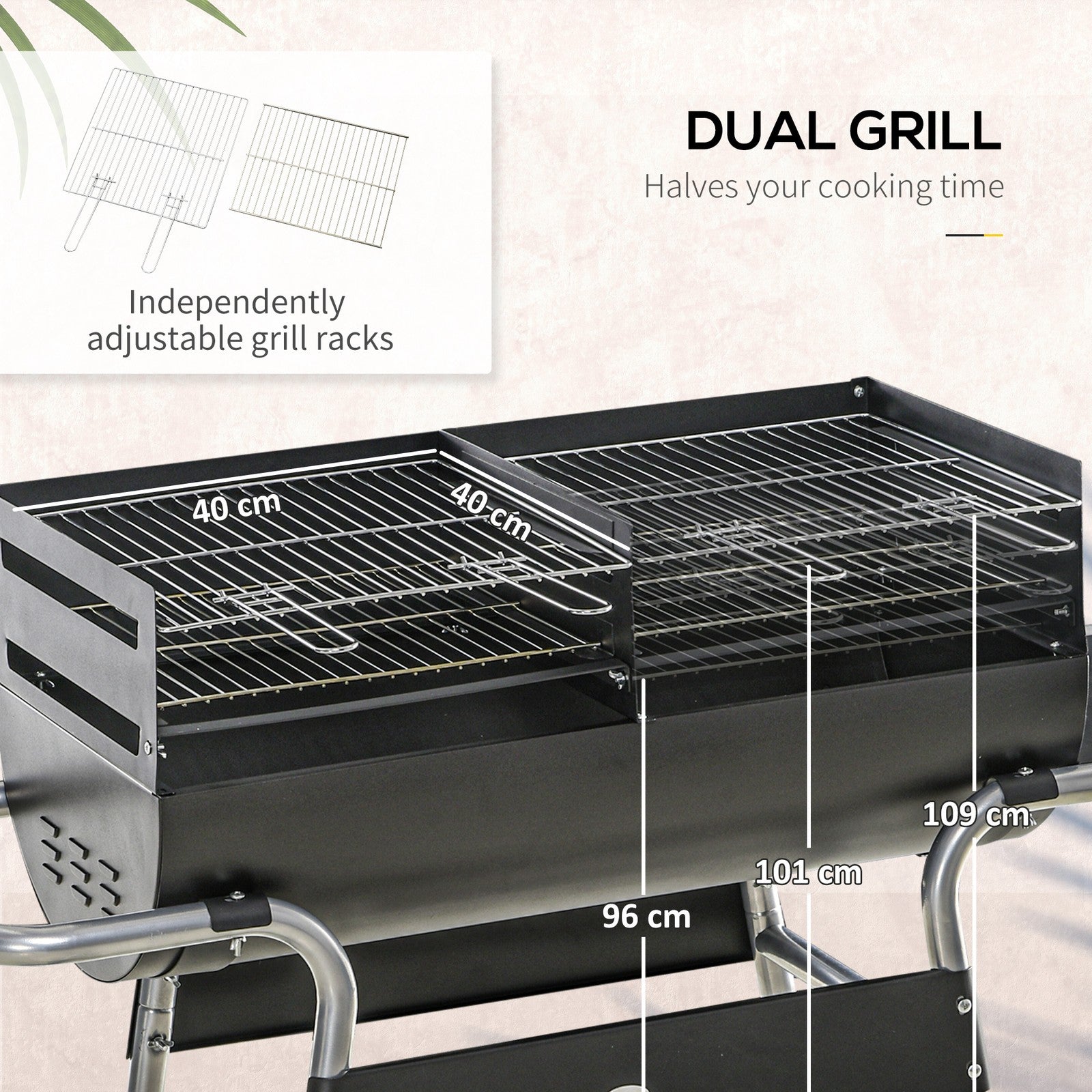 Charcoal Barbecue Grill Trolley with Double Grill, Side Table and Storage Shelf