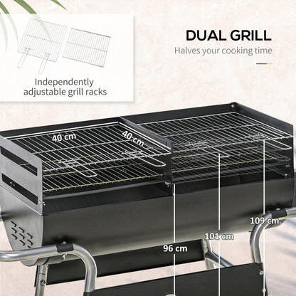Charcoal Barbecue Grill Trolley with Double Grill, Side Table and Storage Shelf