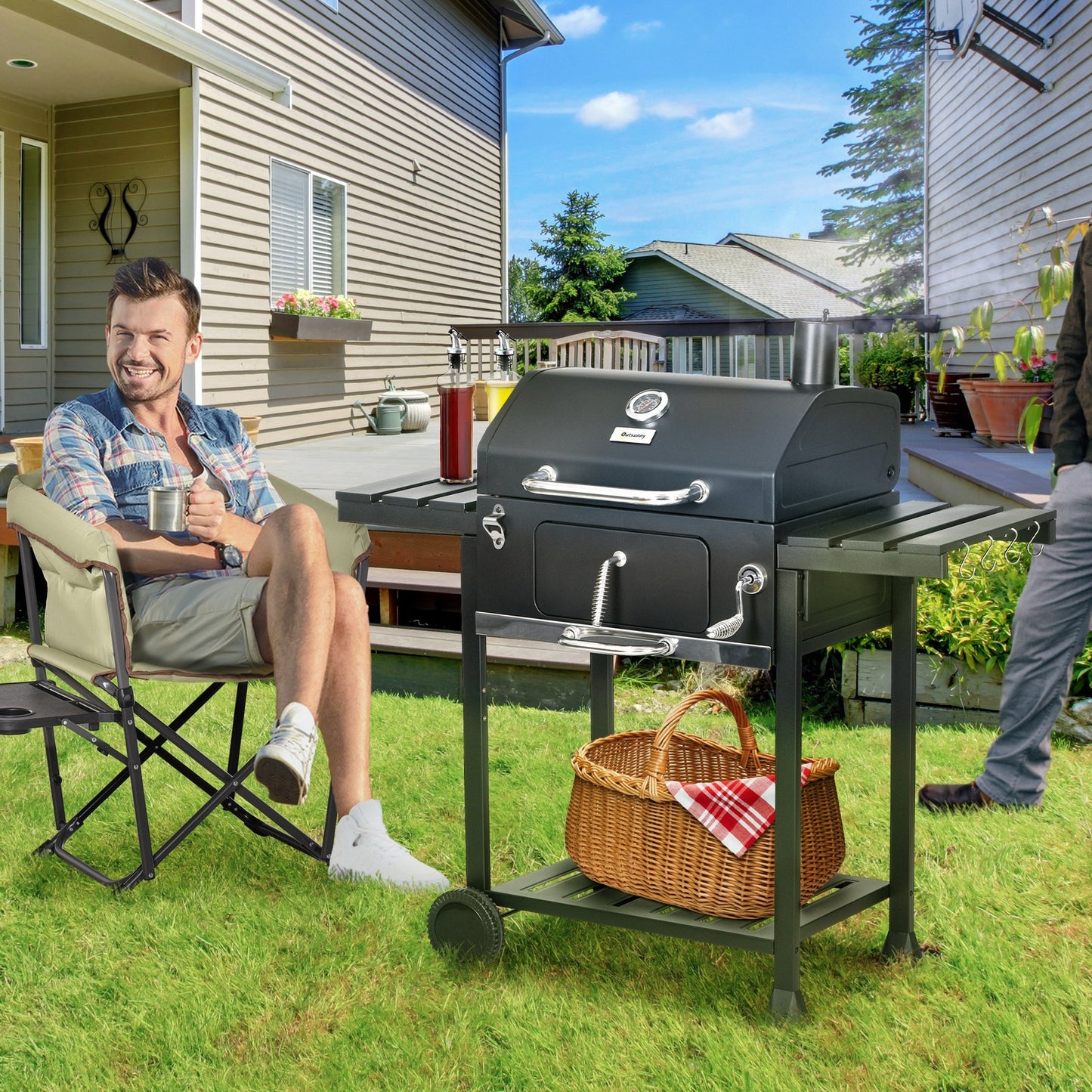Charcoal BBQ Grill Smoker Trolley with Shelves, Bottle Opener and Wheels