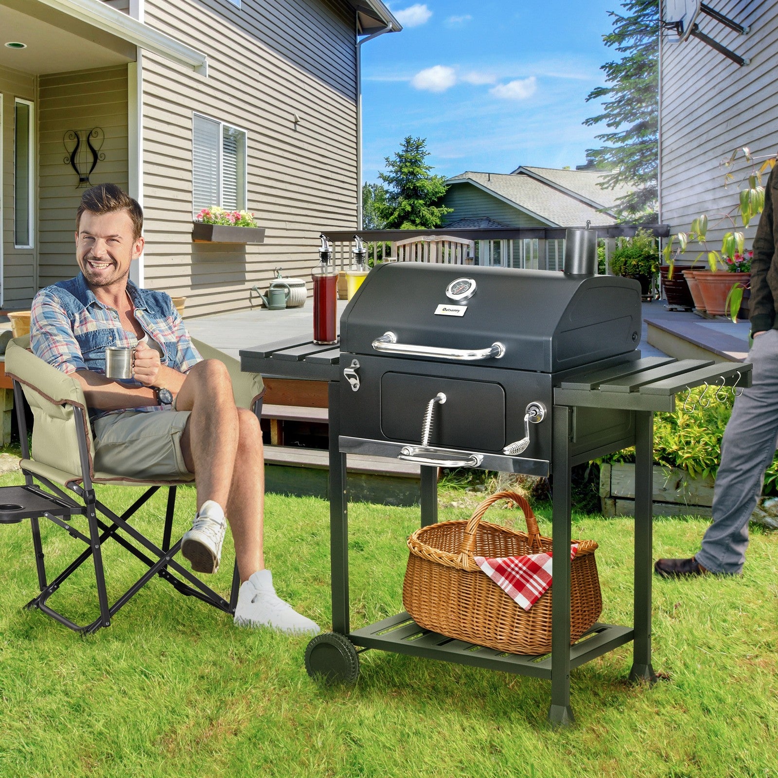 Charcoal BBQ Grill Smoker Trolley with Shelves, Bottle Opener and Wheels