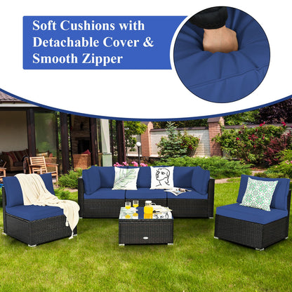 6 Piece Outdoor Rattan Sofa Set with Soft Seat and Back Cushions