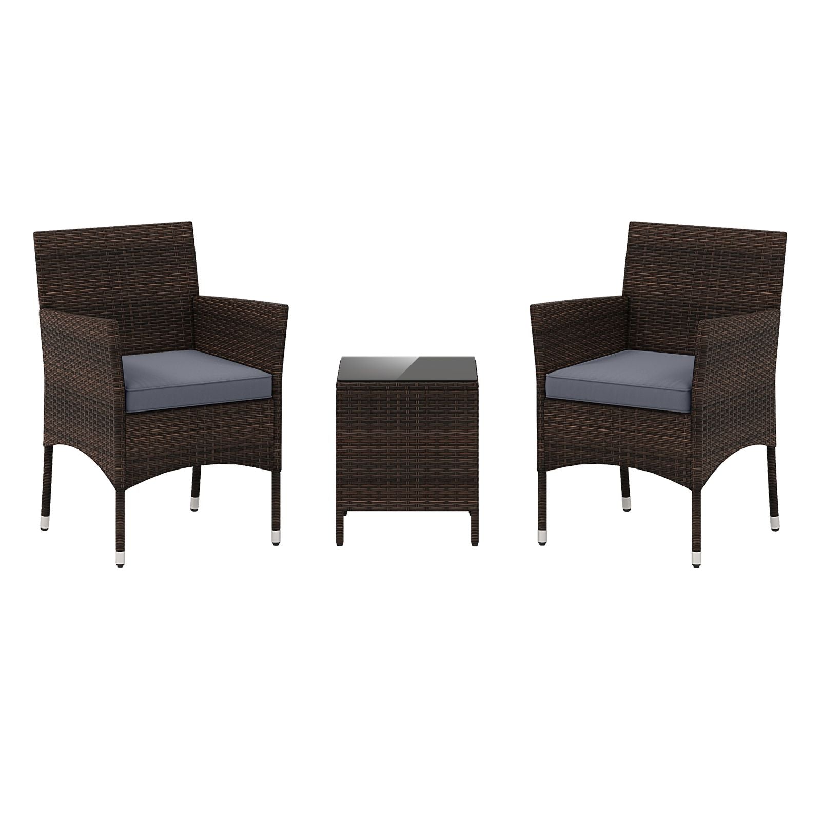 3 Pieces Patio Rattan Furniture Set with Soft Cushions and Glass Top Table