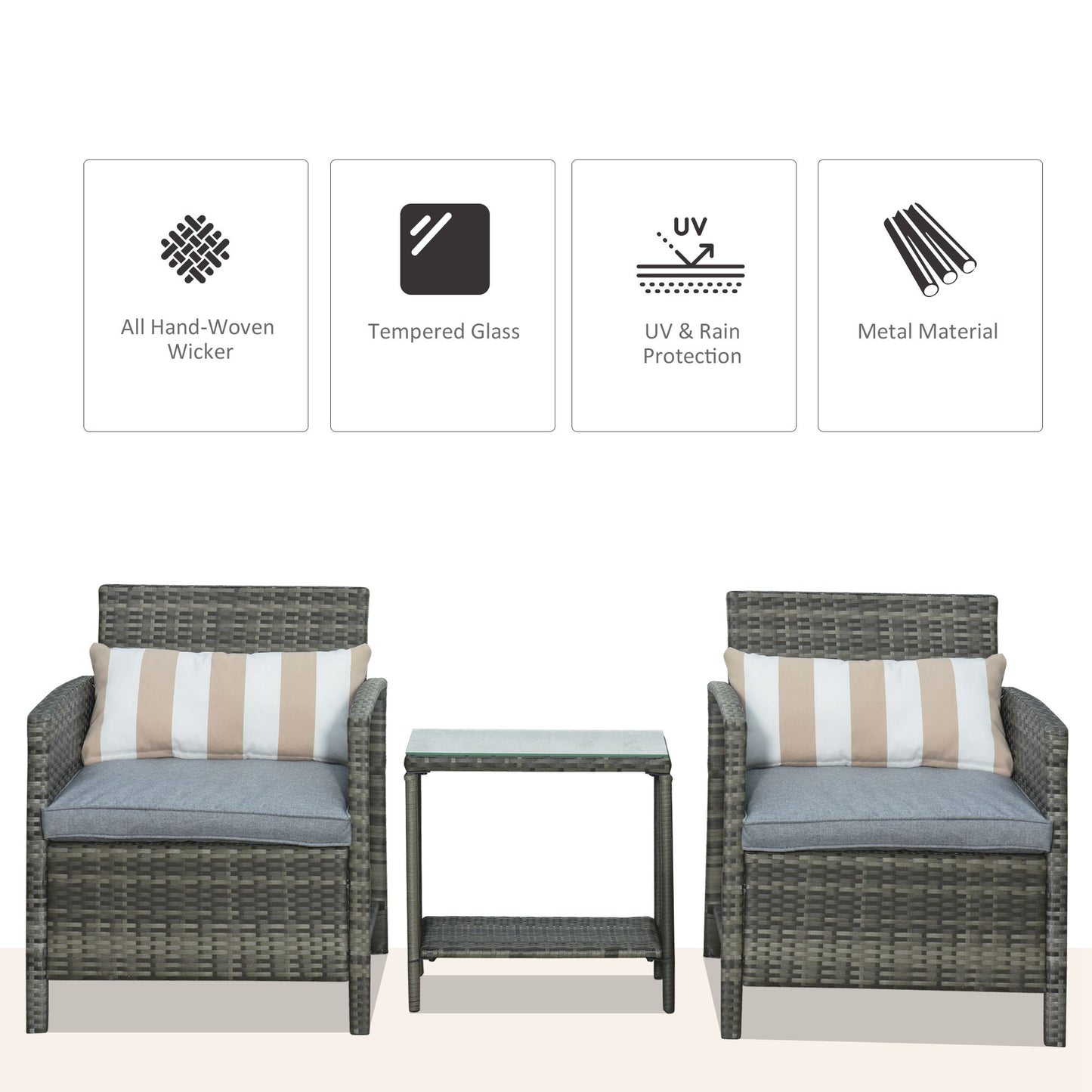 3 Pcs Rattan Outdoor Patio Set 2 Cushioned Single Sofa Coffee Table Conservatory