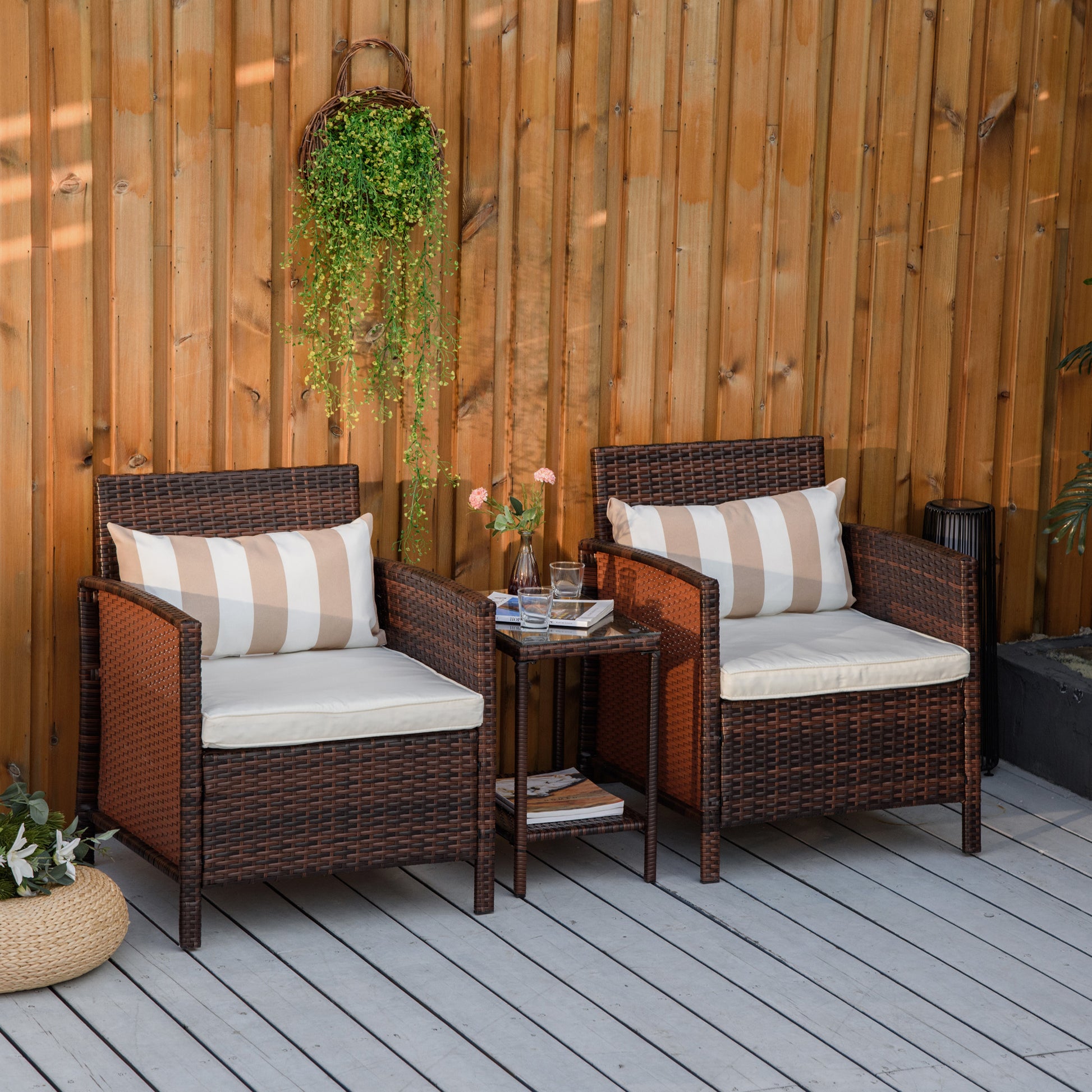3 Pcs Rattan Outdoor Patio Set 2 Cushioned Single Sofa Coffee Table Conservatory