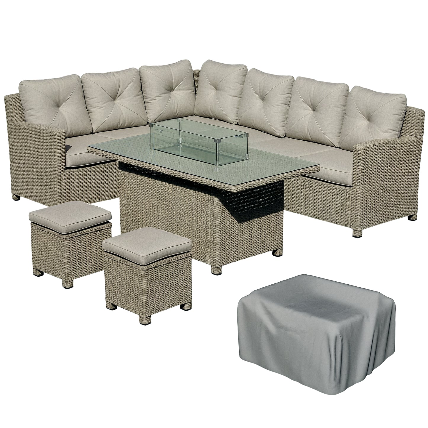 5 Pcs Outdoor Rattan Corner Dining Set Footstool Gas Fire Pit Table Furniture