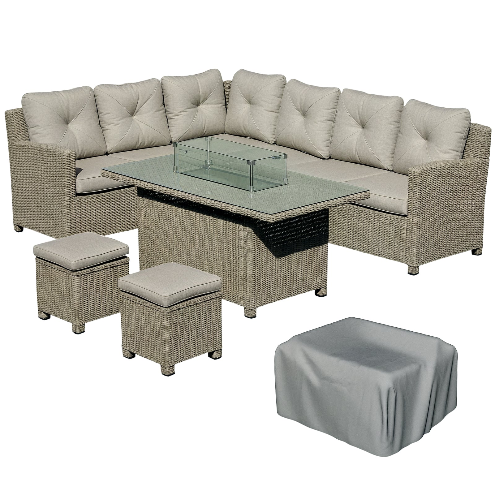 5 Pcs Outdoor Rattan Corner Dining Set Footstool Gas Fire Pit Table Furniture