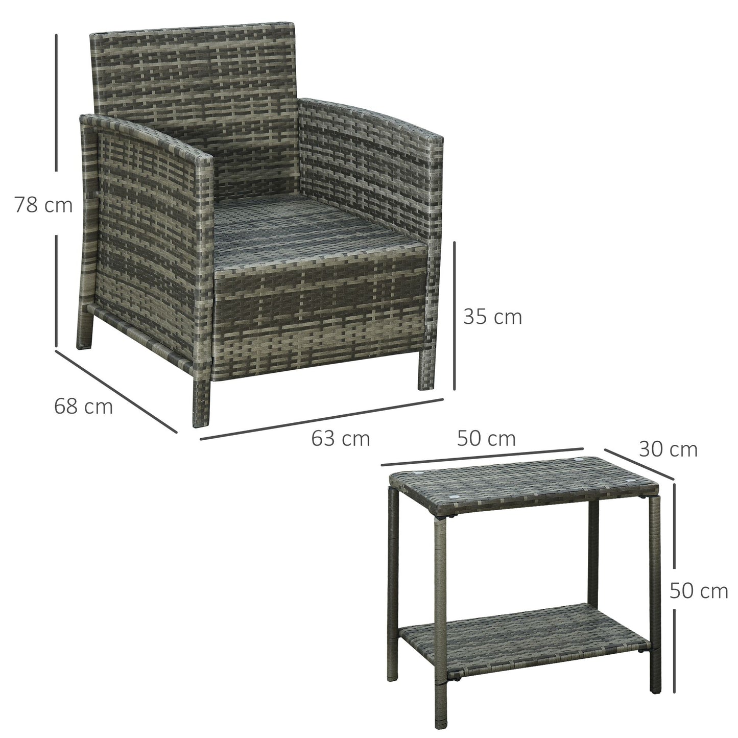 3 Pcs Rattan Outdoor Patio Set 2 Cushioned Single Sofa Coffee Table Conservatory