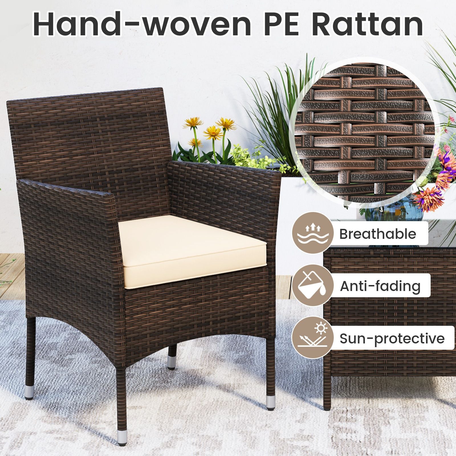 3 Pieces Patio Rattan Furniture Set with Soft Cushions and Glass Top Table