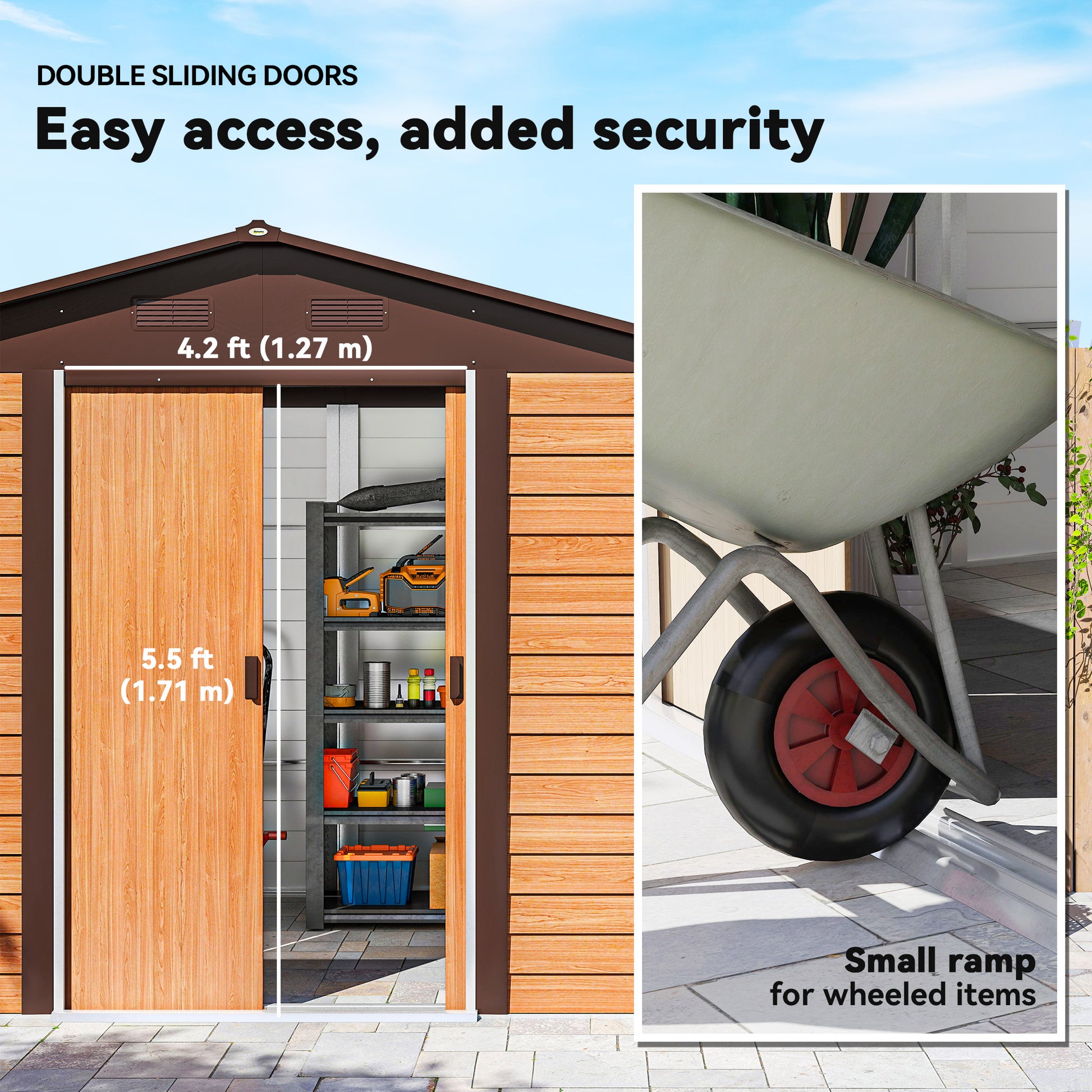 Garden Shed Tool Storage Overlap Construction Sliding Door Brown Wood Grain