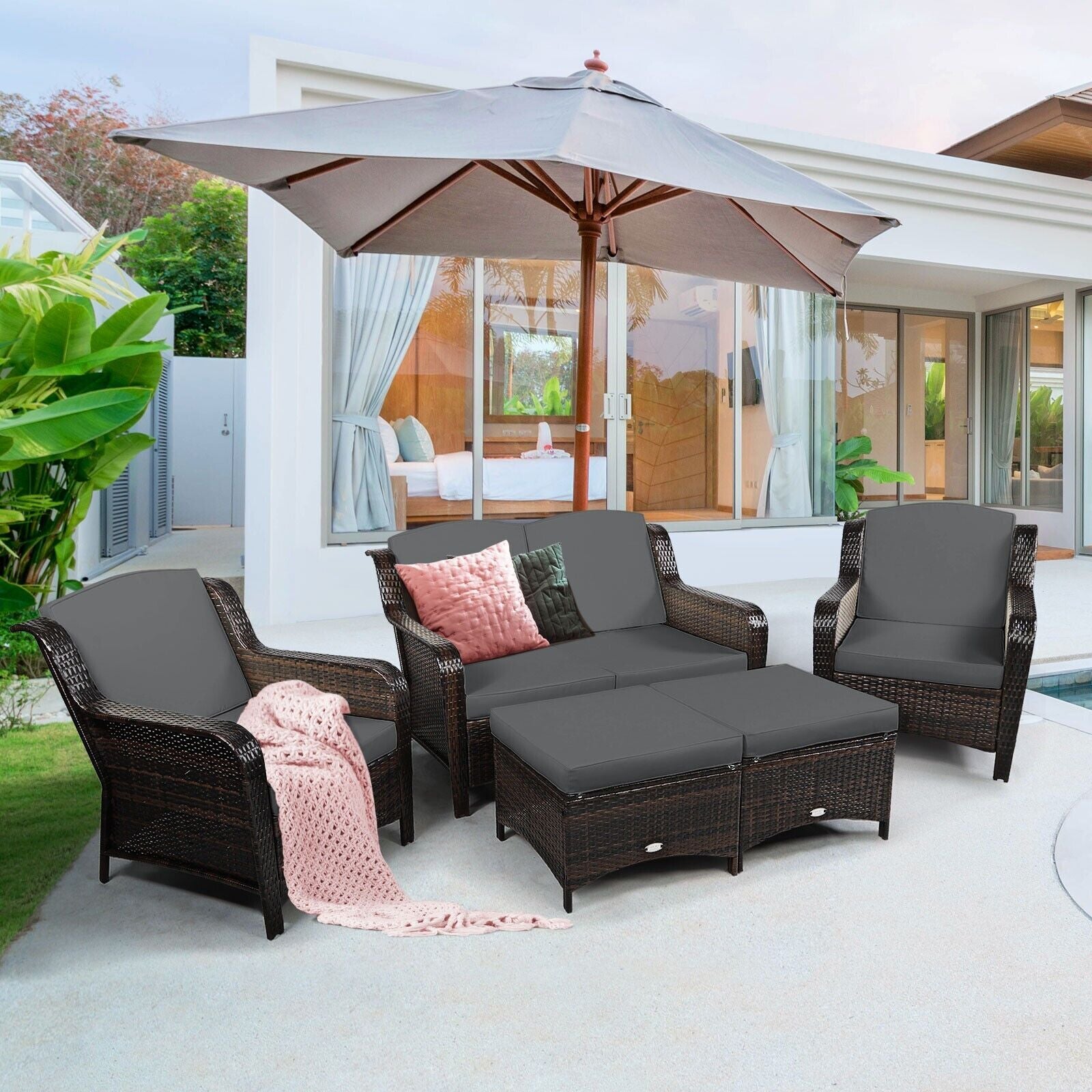 5 PCS Patio Furniture Set Outdoor Rattan Conversation Sofa Set Removable Cushion