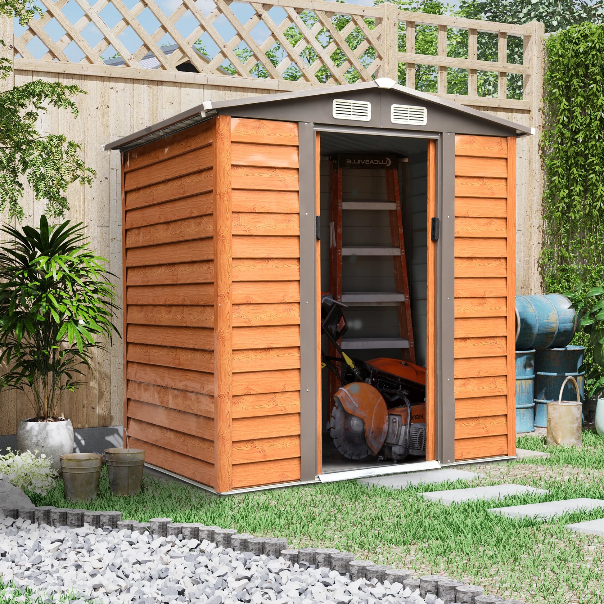 Garden Shed Tool Storage Overlap Construction Sliding Door Brown Wood Grain