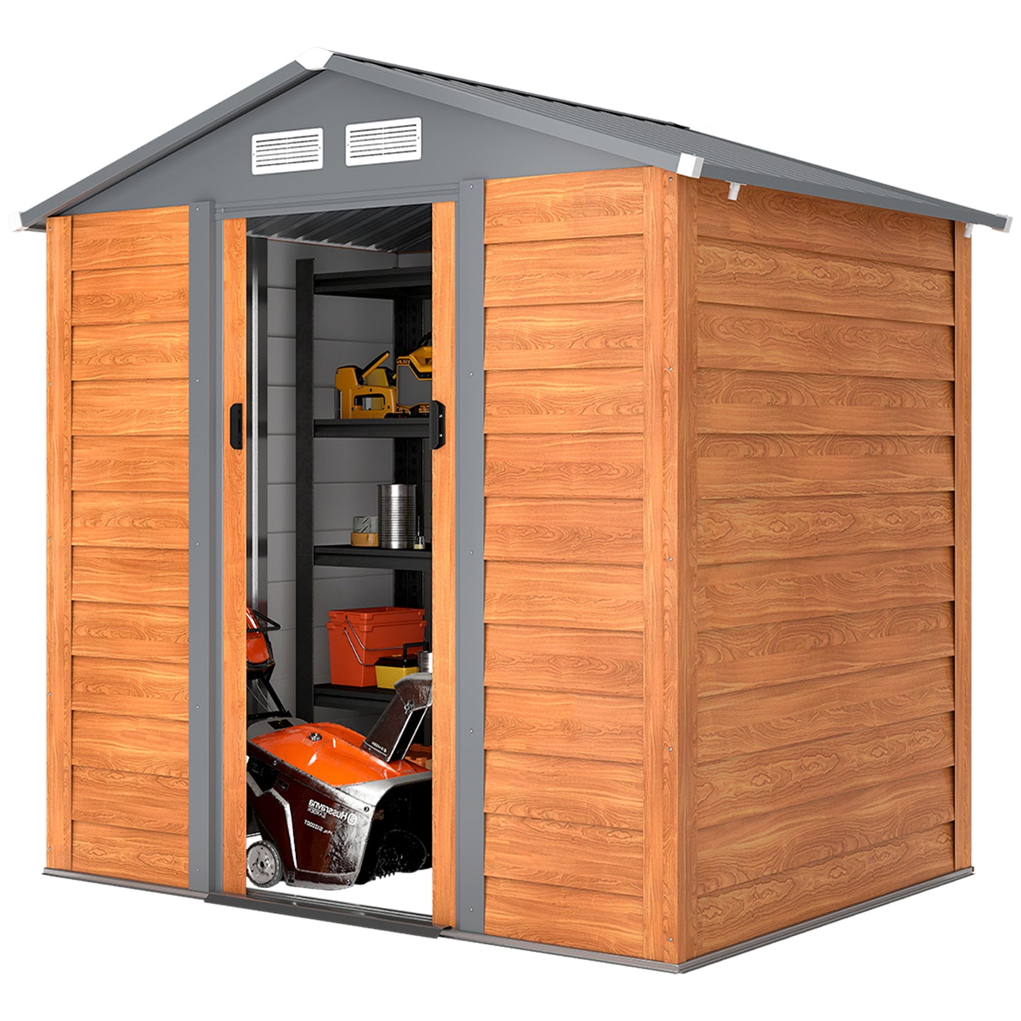 Garden Shed Tool Storage Overlap Construction Sliding Door Brown Wood Grain