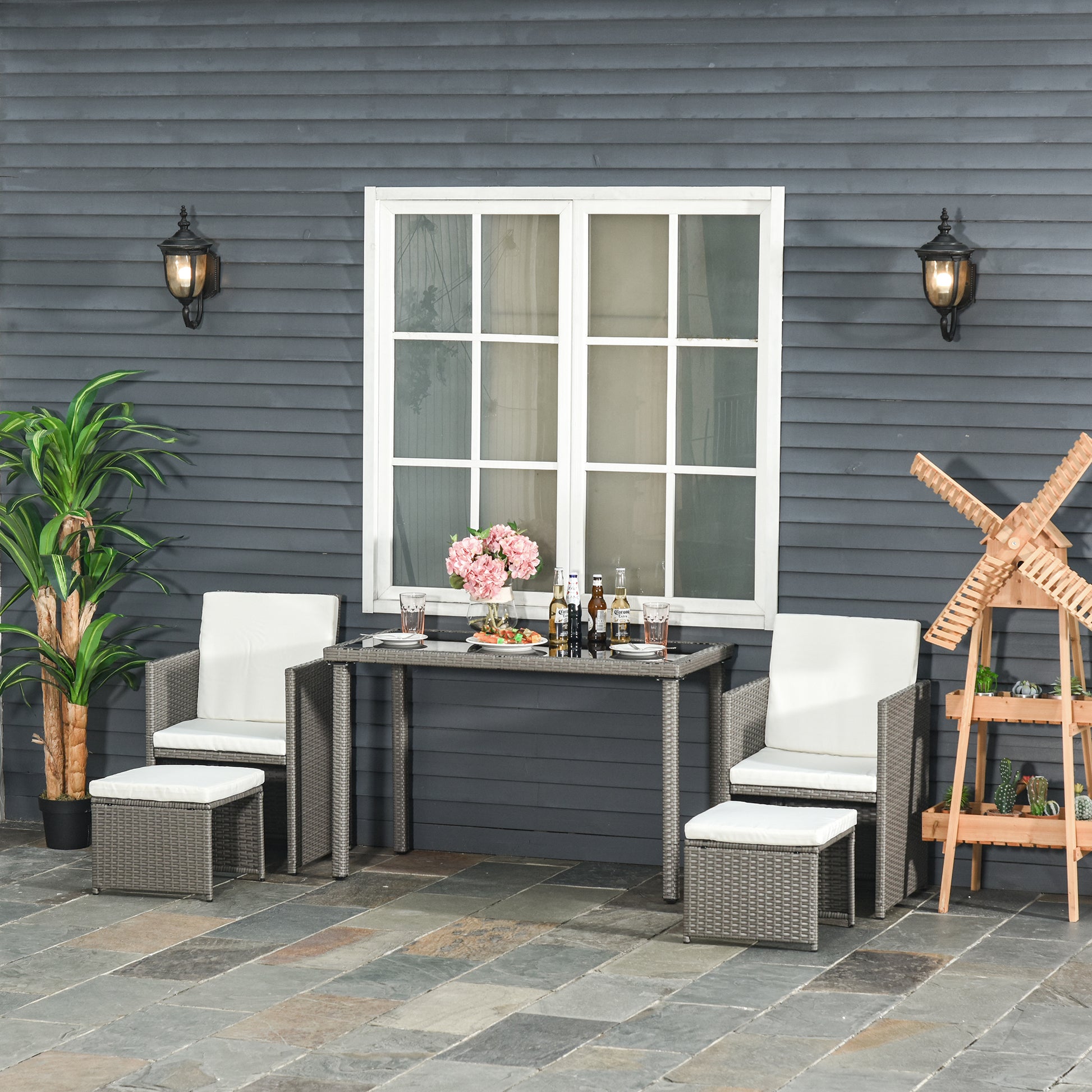 5 Pcs Rattan Garden Sofa Set Wicker Furniture Set with Cushion Footrest