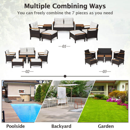 7 Piece Patio Rattan Sofa Set Outdoor with Cushions and Ottomans