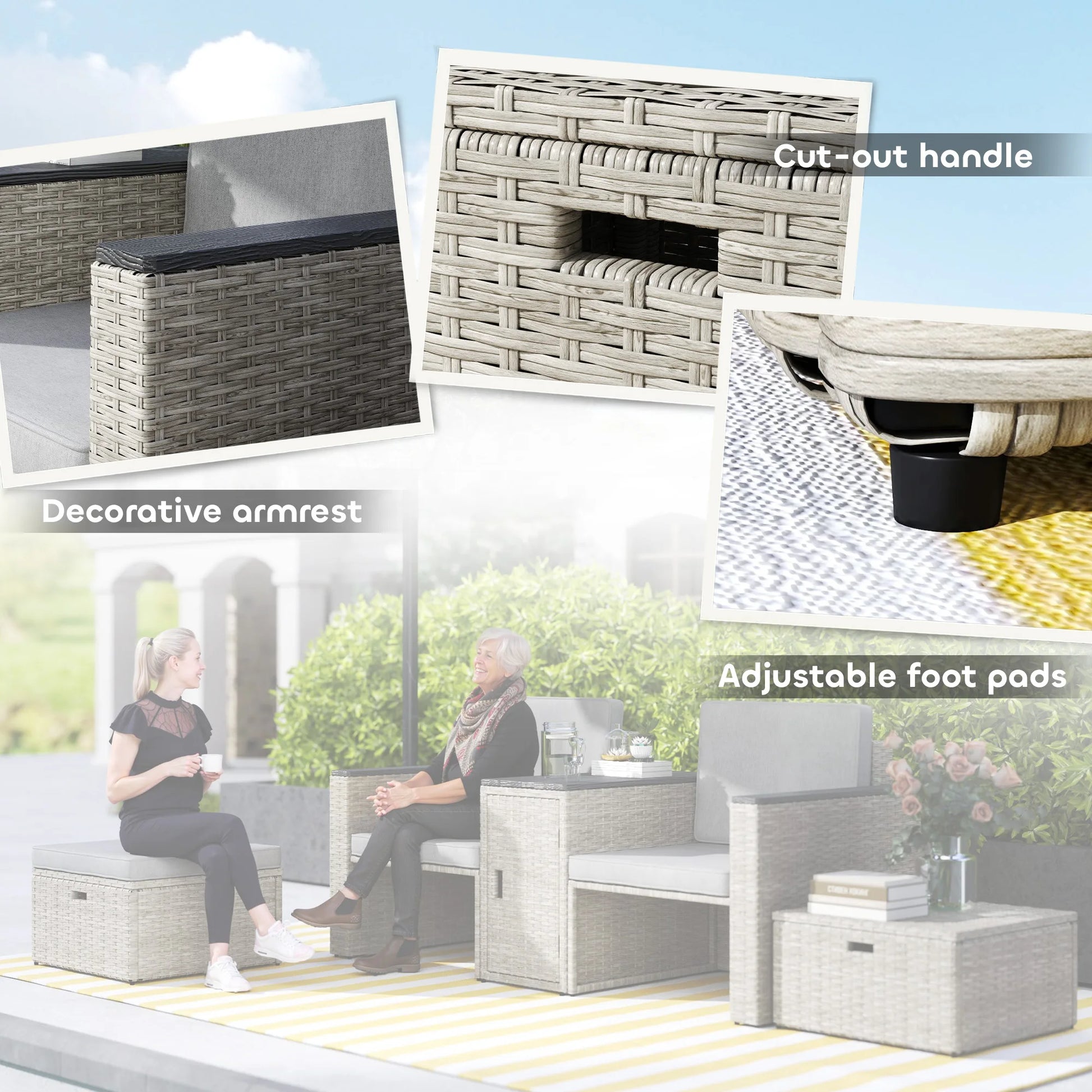 5 Piece Rattan Garden Furniture Set, Nesting Outdoor Furniture Conversation Set with 2 Footstools, WPC Storage Table